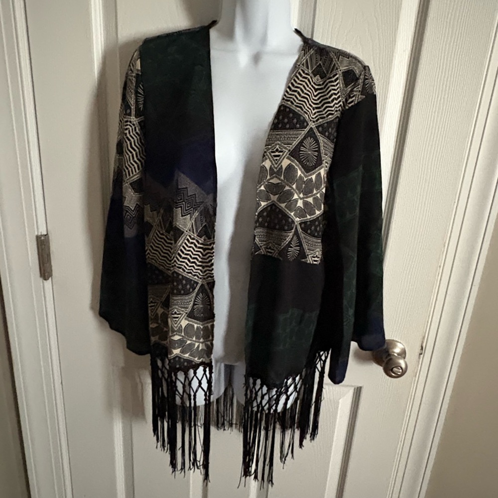 Kimono Geometric Cover Up Fringe Boho Hippie Size S Green Black Blue Yoyo